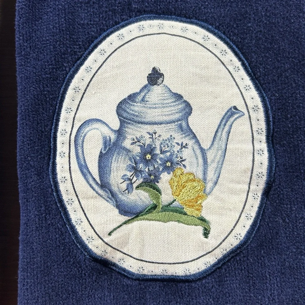 VTG‎ Franco Navy Blue Teapot Hand Towels Set Of Two Dhalia